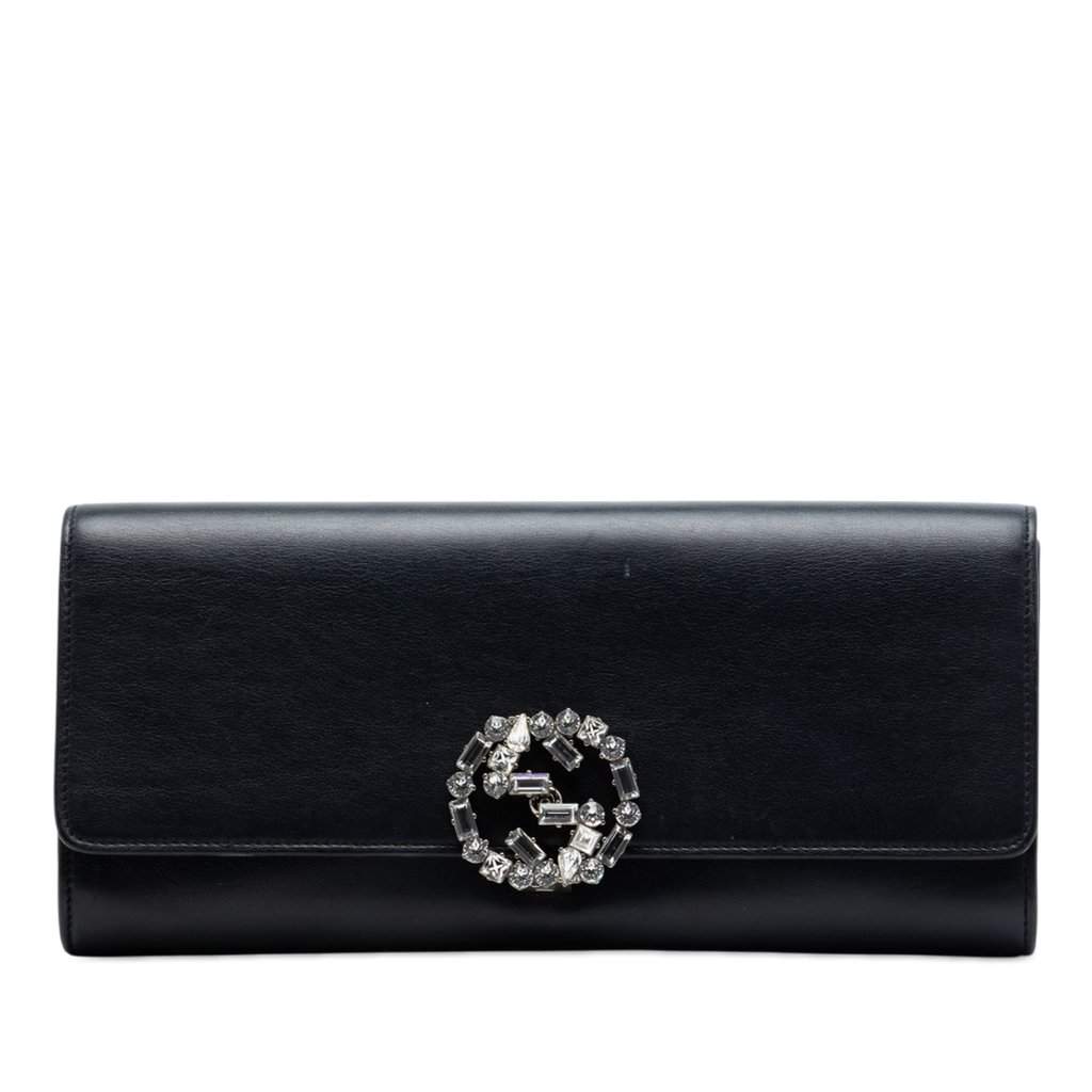 Gucci Calfskin Crystals Broadway Clutch Black Leather Very good condition - Front View