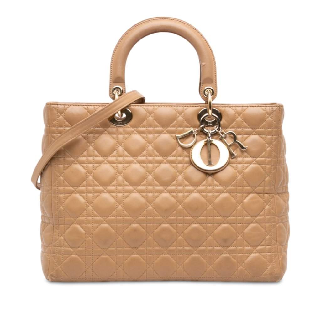 Dior Large Lambskin Cannage Lady Dior Beige Leather Good - Front View
