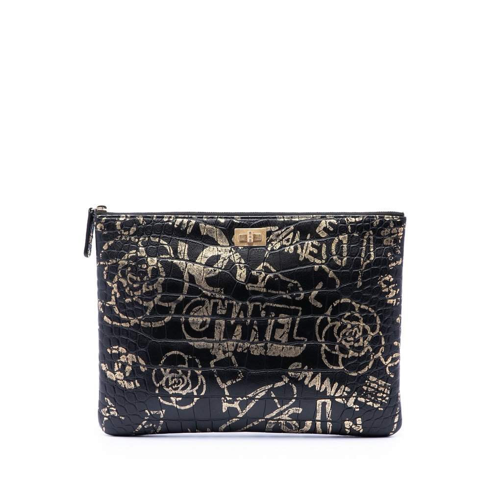 Chanel Crocodile Embossed Calfskin Cocodile Graffiti 2.55 Reissue Clutch Black Leather Very good condition - Front View