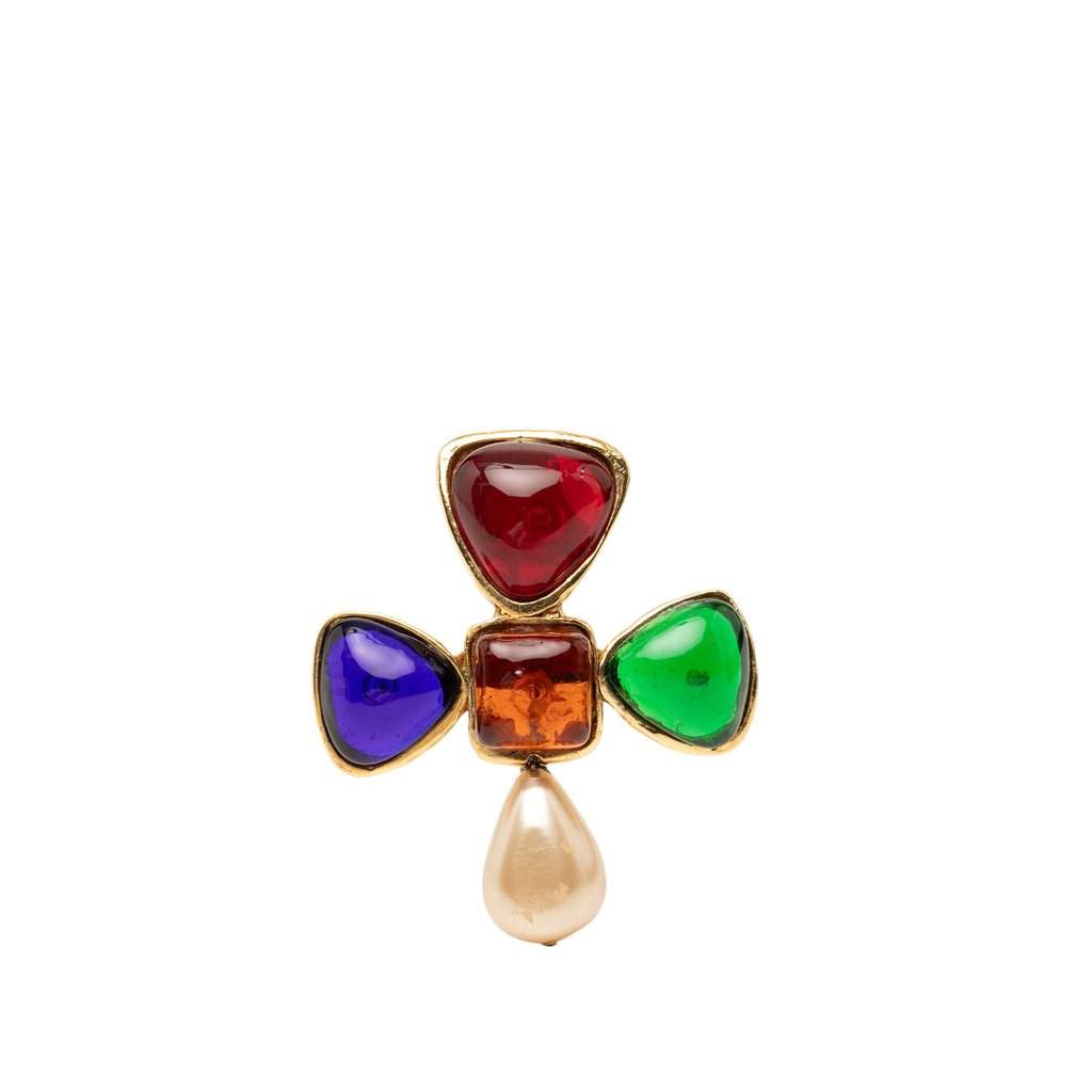 Chanel Gold Plated Multicolored Gripoix and Faux Pearl Pin Brooch MultiColor Very good - Front View