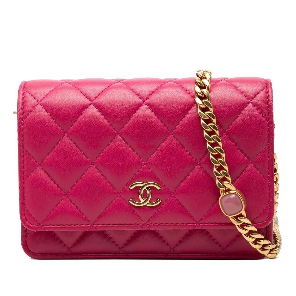 Chanel Mini CC Quilted Lambskin Pearl Samba Wallet On Chain Pink Leather Very good - Front View