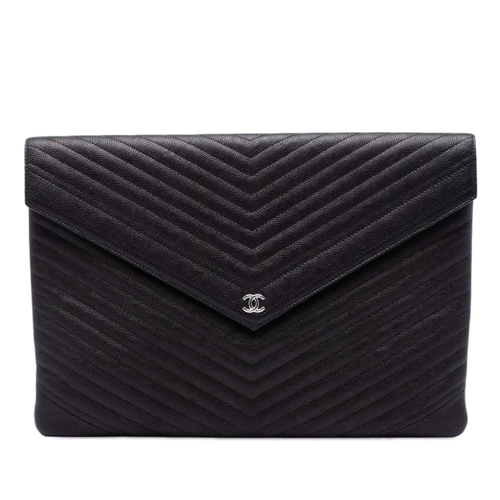Chanel Large Chevron Caviar Statement Envelope Clutch Black Leather Very good - Front View