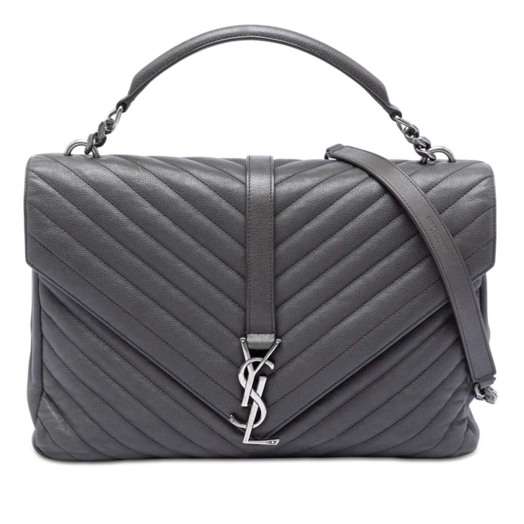 Saint Laurent Large Chevron Sheepskin Monogram College Satchel Green Leather Very good condition - Front View