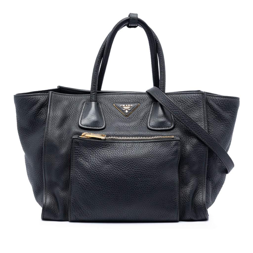 Prada Vitello Daino Front Pocket Open Convertible Tote Black Leather Very good condition - Front View