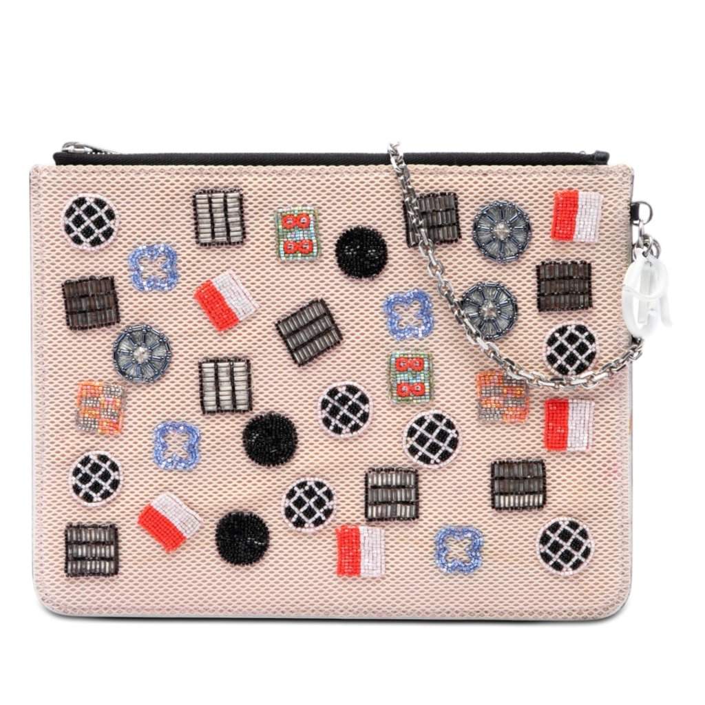 Dior Technical Fabric Mesh Embroidered Flat Stardust Pouch with Chain Beige Very good - Front View