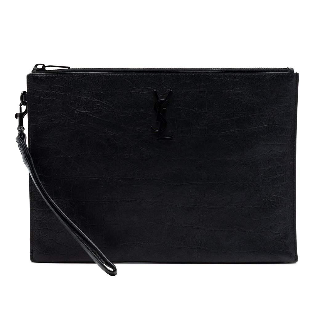 Saint Laurent Croc Embossed Leather Monogram Zip Pouch Black Leather Very good - Front View