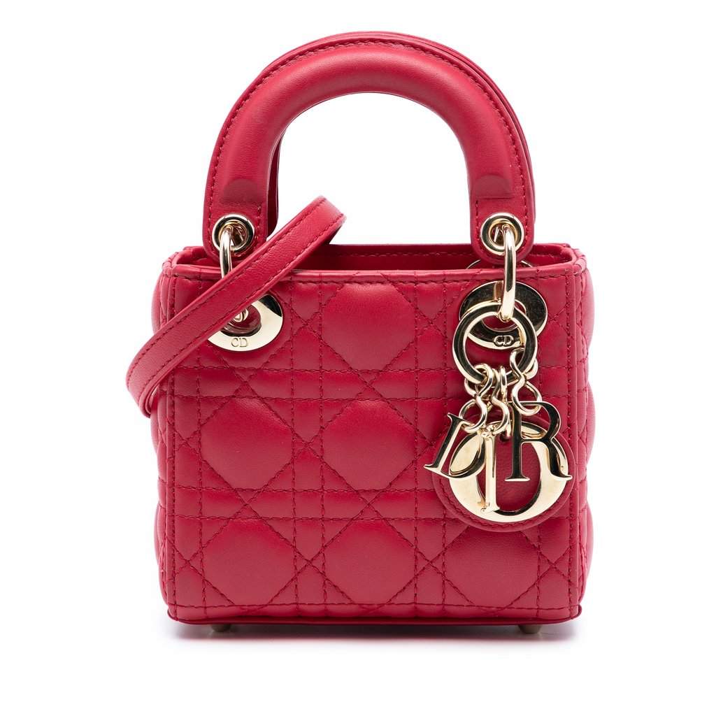 Dior Micro Lambskin Cannage Lady Dior Red Leather Very good condition - Front View