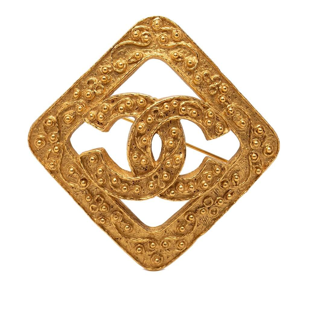 Chanel CC Gold Plated Rhombus Diamond Brooch Gold Metal Very good condition - Front View