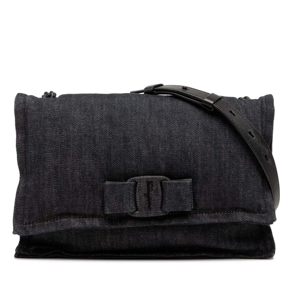 Ferragamo Small Denim Viva Bow Shoulder Bag Black Very good condition - Front View