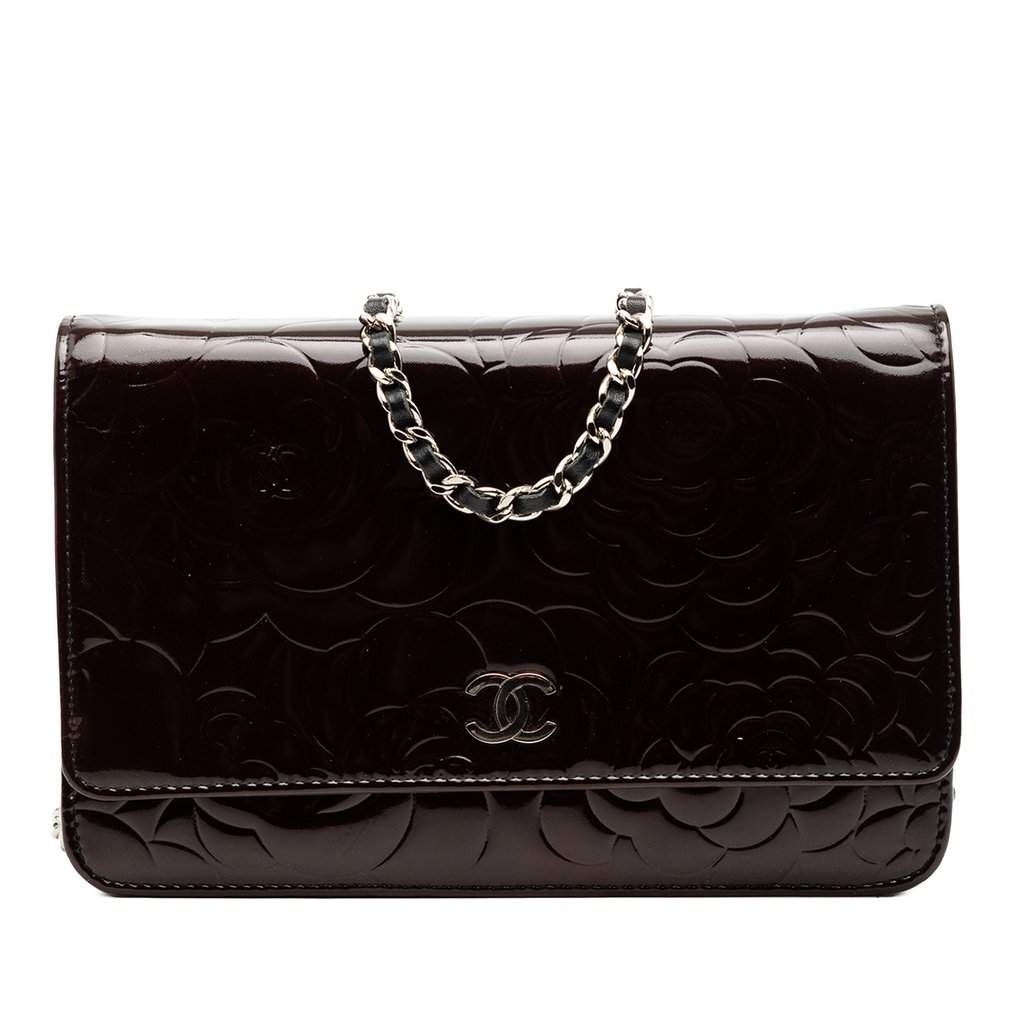 Chanel CC Embossed Patent Camellia Wallet On Chain Brown Leather Very good - Front View