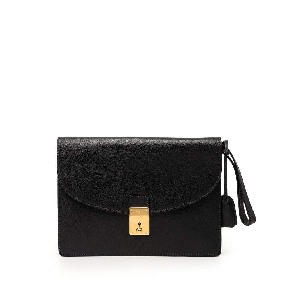 Gucci Calfskin Padlock Wristlet Clutch Black Leather Very good condition - Front View