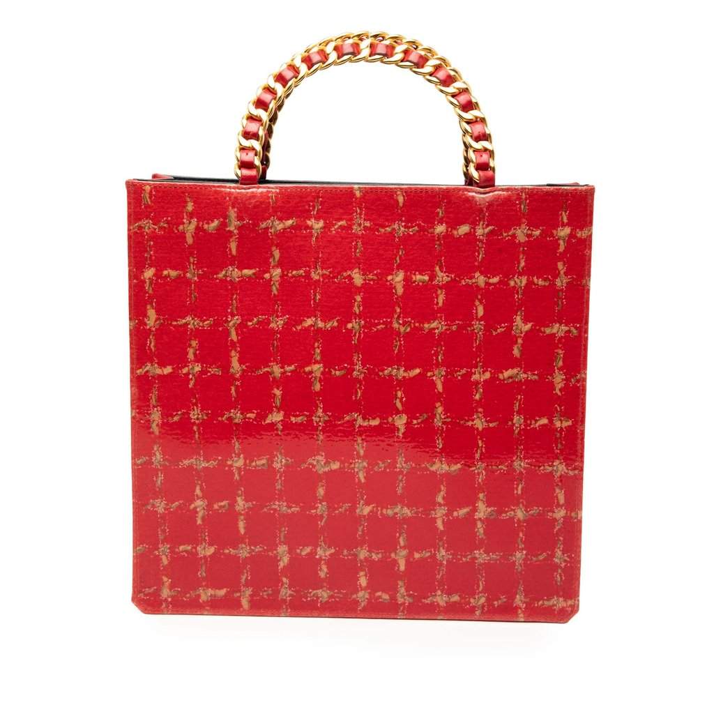 Chanel Chocolate Bar Patent Tweed Print Tote Red Leather Very good - Front View