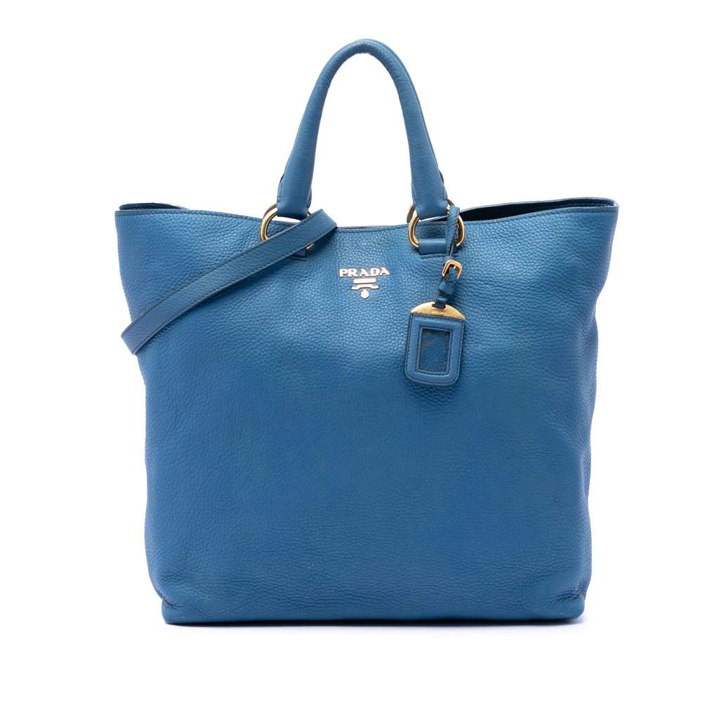 Prada Vitello Daino Open Convertible Tote Blue Leather Very good - Front View