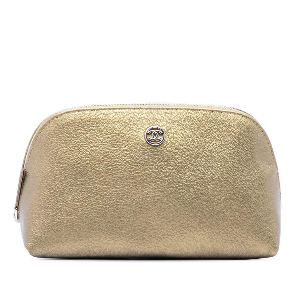 Chanel CC Metallic Calfskin Cosmetic Pouch Gold Leather Very good - Front View