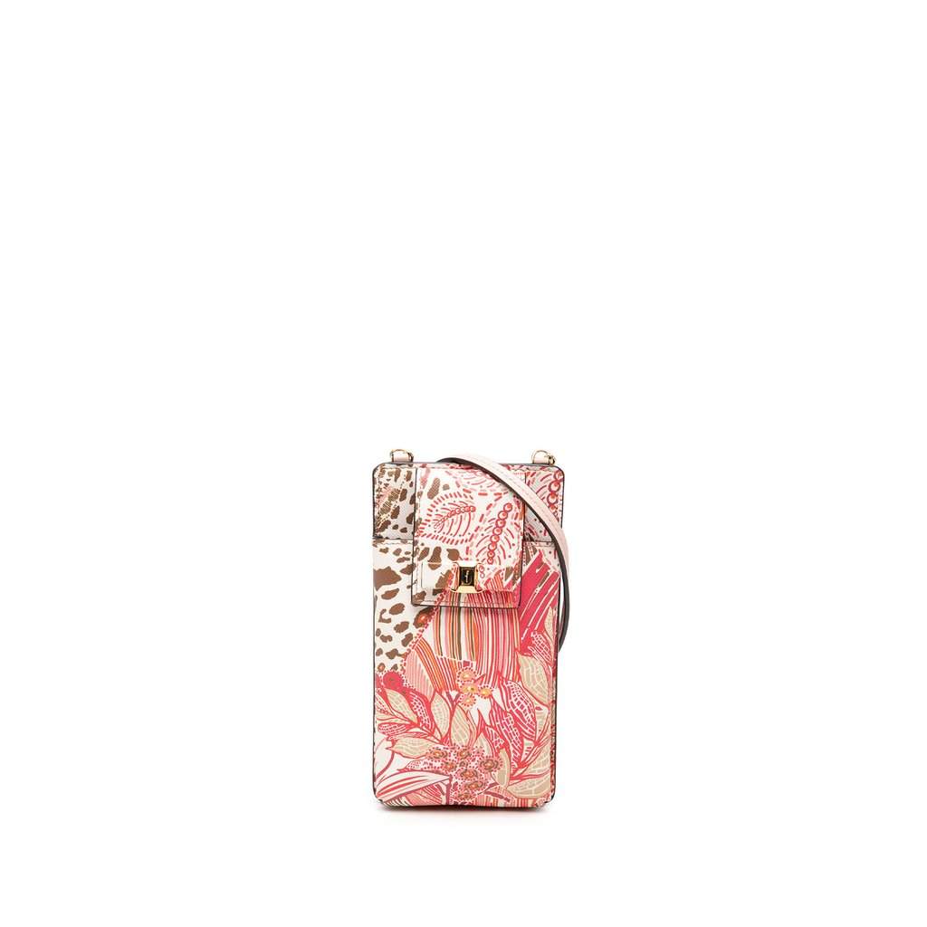 Salvatore Ferragamo Floral Printed Leather Vara Bow Phone Pouch Pink Leather Very good condition - Front View