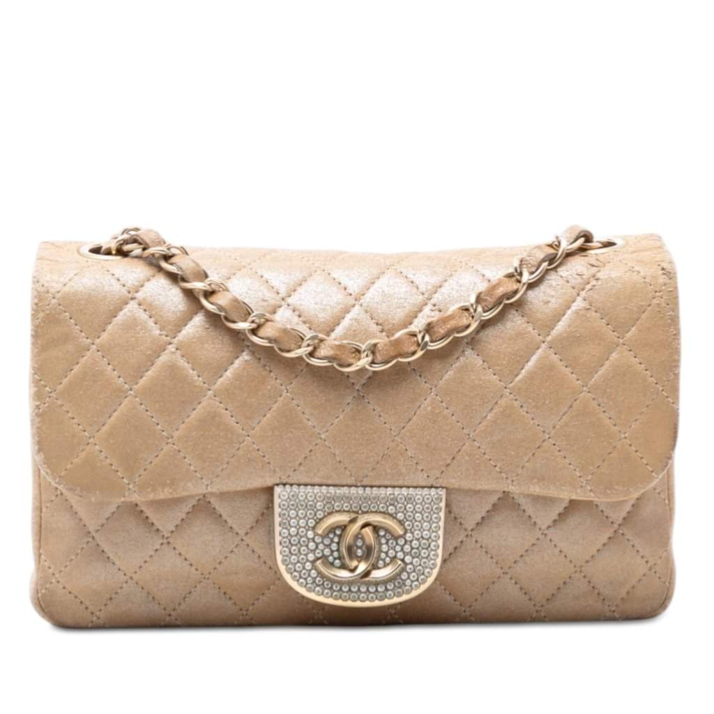 Chanel Small Quilted Iridescent Lambskin Pearl CC Crystal Flap Gold Leather Good - Front View