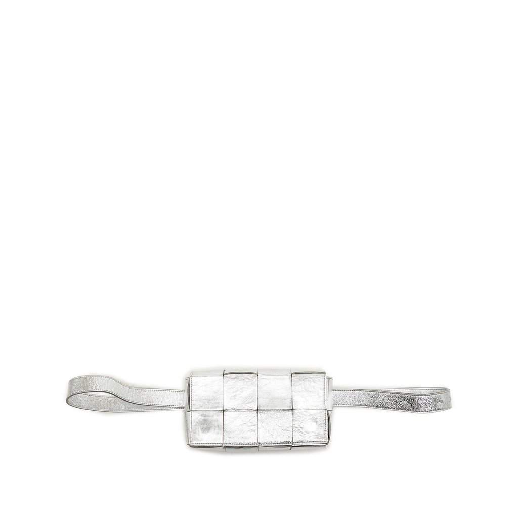 Bottega Veneta Mini Paper Calfskin Intrecciato Cassette Belt Bag Silver Leather Very good - Front View