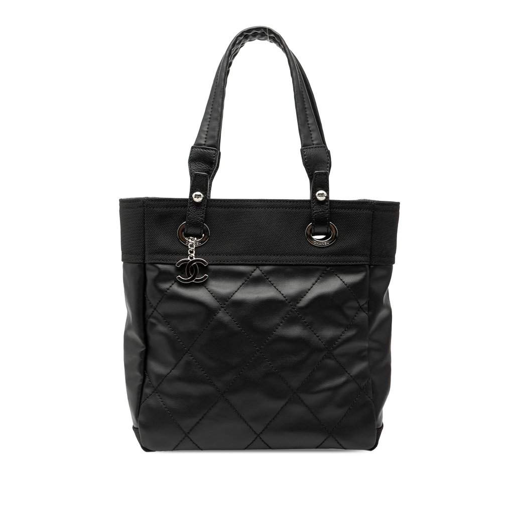 Chanel Small Quilted Coated Canvas Paris Biarritz Tote Black Very good - Front View