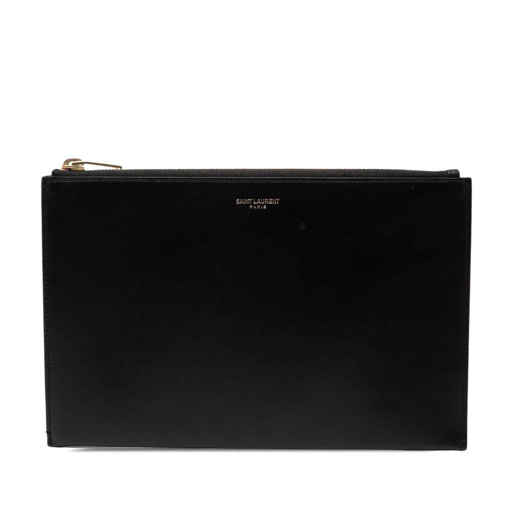 Saint Laurent Leather Zip Clutch Black Leather Very good - Front View