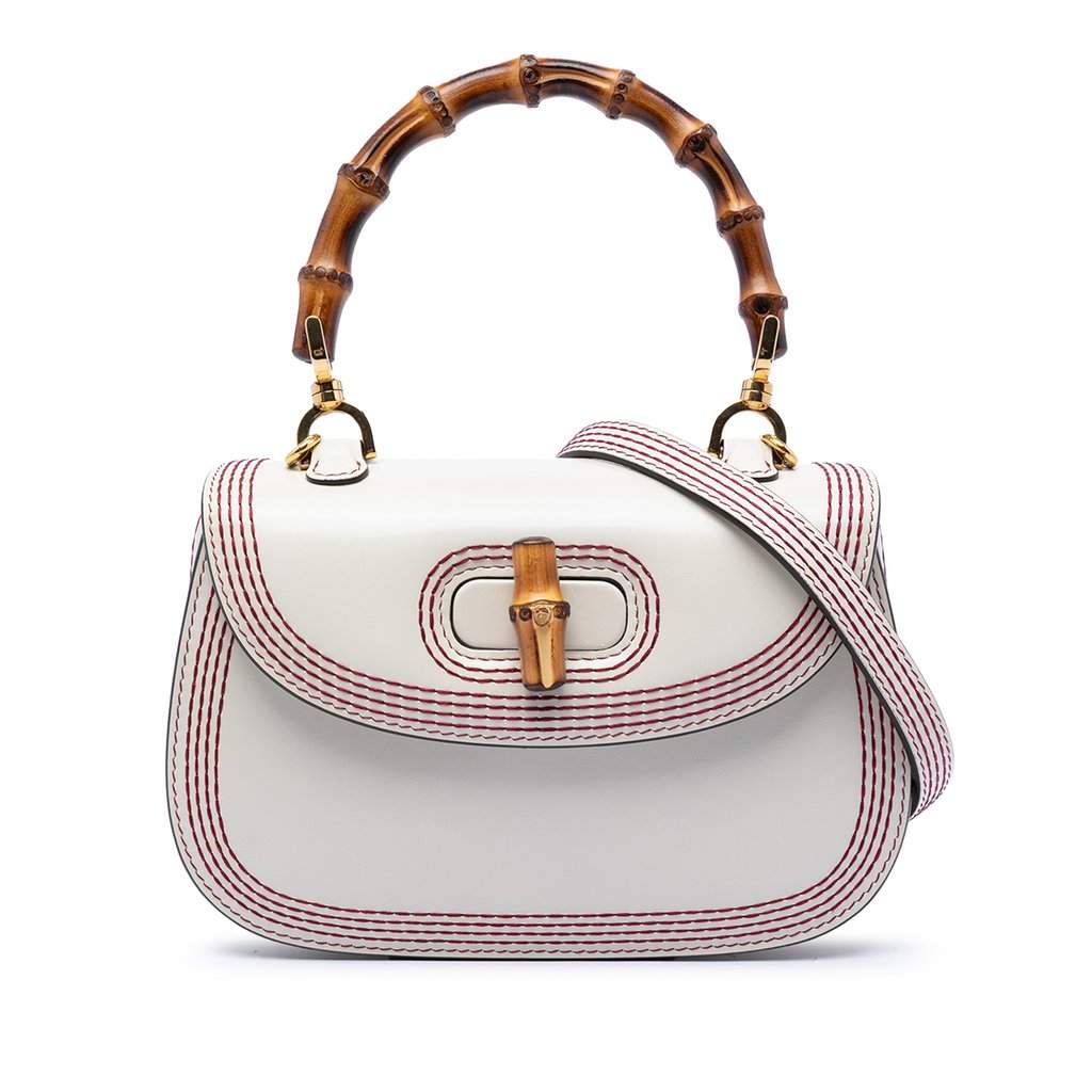 Gucci Small Calfskin Stitched Bamboo 1947 Top Handle Bag White Leather Very good condition - Front View