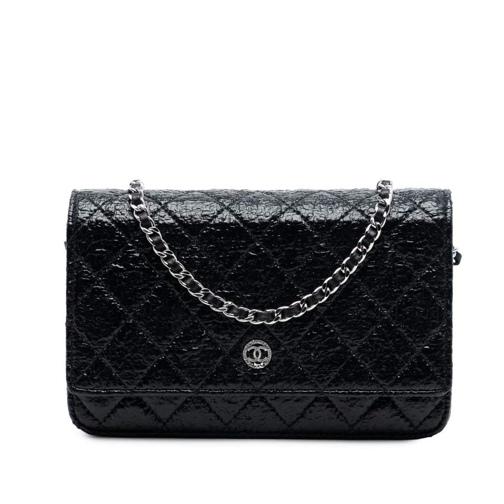 Chanel CC Quilted Crinkled Patent Wallet On Chain Black Leather Very good - Front View