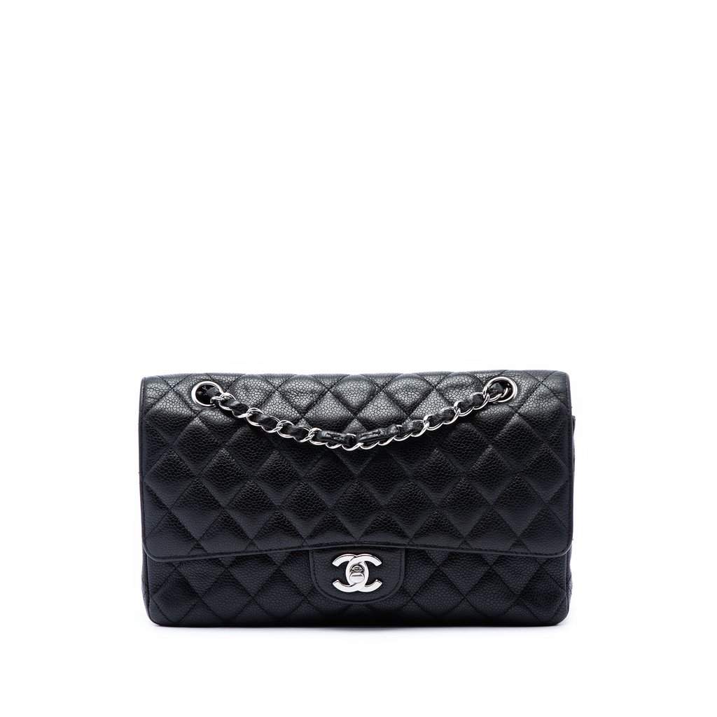 Chanel Medium Classic Caviar Double Flap Black Leather Very good - Front View