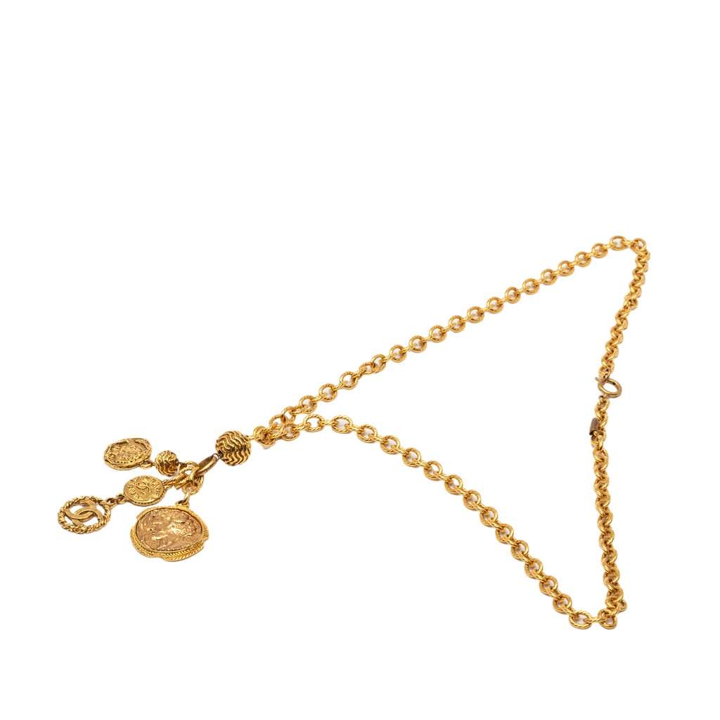 Chanel CC Gold Plated Medallion Coin Charm Pendant Necklace Gold Metal Very good condition - Front View