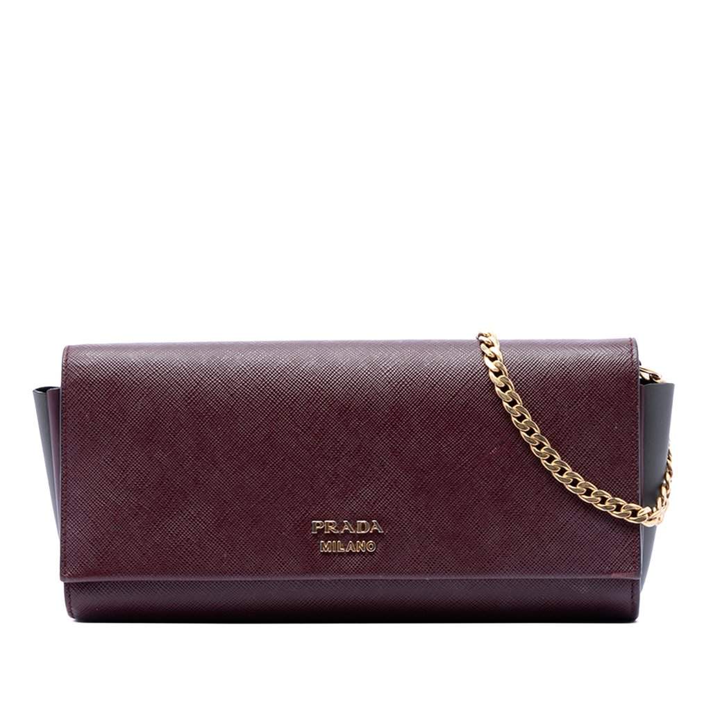 Prada Saffiano and City Calf Bibliotheque Clutch with Chain Red Leather Very good condition - Front View