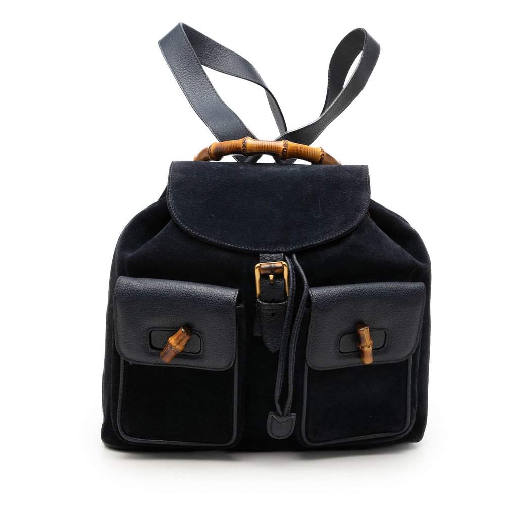Gucci Suede Bamboo Drawstring Backpack Blue Leather Very good - Front View