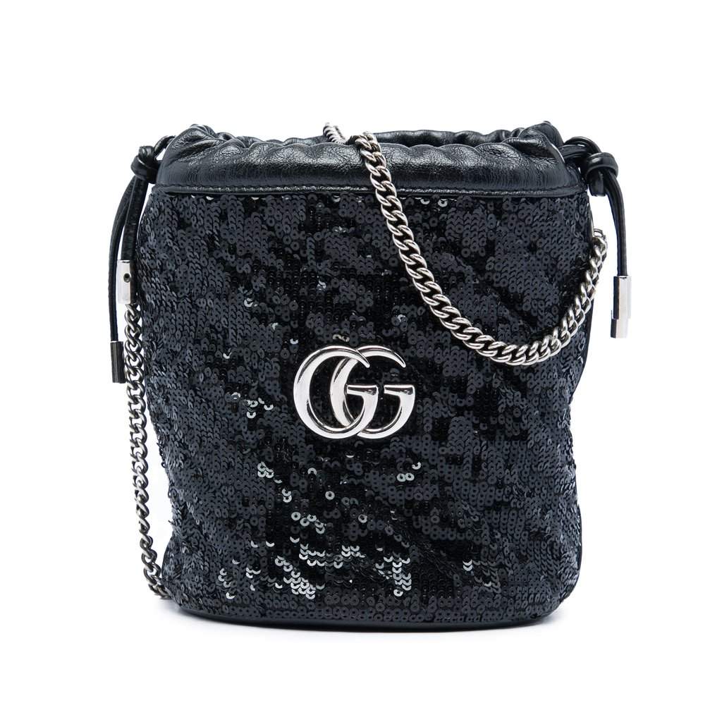 Gucci Small GG Marmont Sequined Diagonal Matelasse Calfskin Bucket Bag Black Leather Very good - Front View