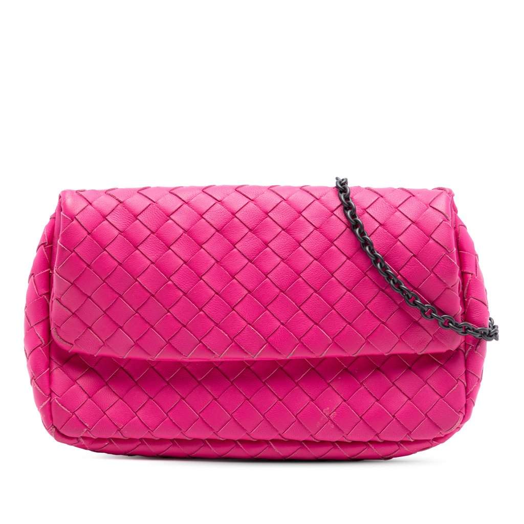 Bottega Veneta Mini Nappa Intrecciato Expandable Chain Flap Crossbody Pink Leather Very good - Front View