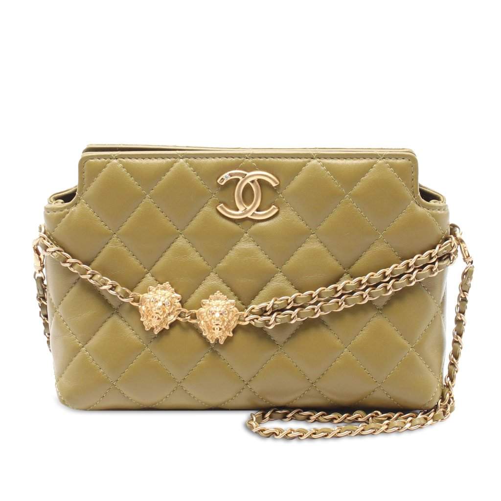Chanel Quilted Lambskin Leo Shoulder Bag Green Leather Very good - Front View