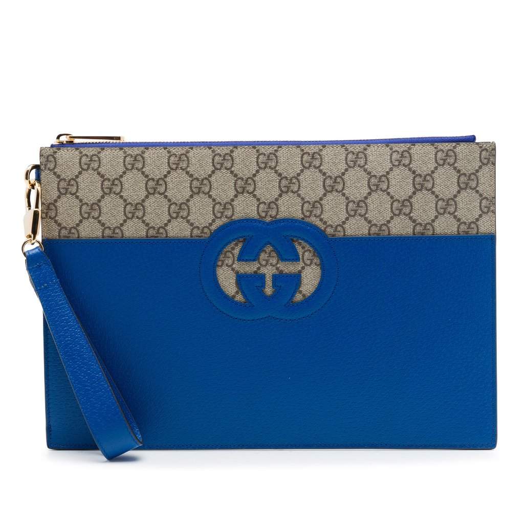 Gucci GG Supreme and Calfskin Cut Out Interlocking G Clutch Beige Very good - Front View