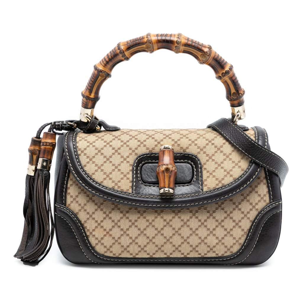 Gucci Medium Diamante Canvas New Bamboo Satchel Beige Very good - Front View