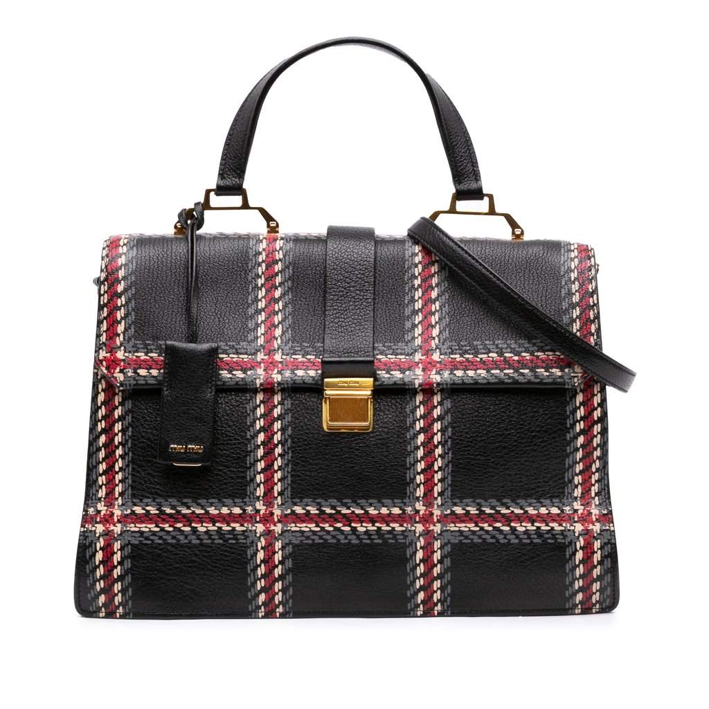 Miu Miu Printed Goatskin Madras Top Handle Bag Black Large L