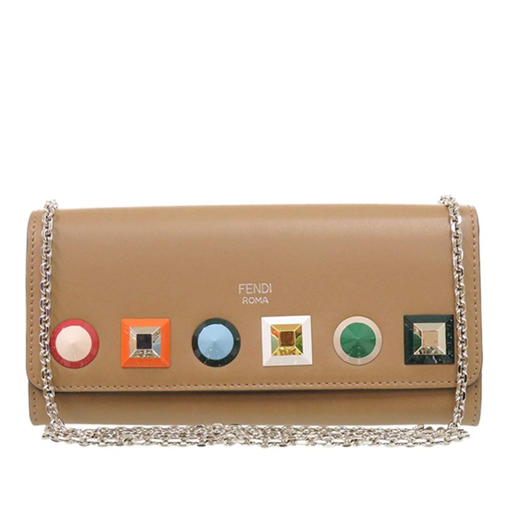 Fendi Vitello Liberty Studded Continental Wallet with Chain Brown Leather Very good condition - Front View