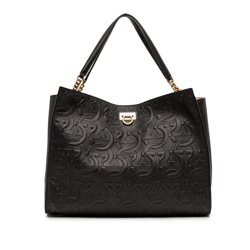 Salvatore Ferragamo Gancini Embossed Calfskin Trifolio Tote Black Leather Good condition - Front View