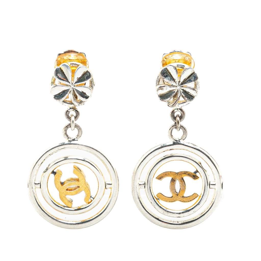 Chanel Silver Clover CC Drop Clip on Earrings Silver Metal Very good - Front View