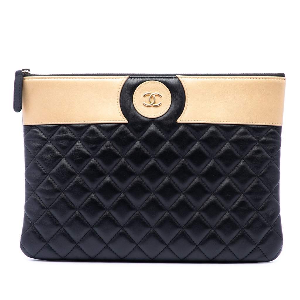 Chanel CC Bicolor Quilted Lambskin Clutch Black Leather Very good condition - Front View