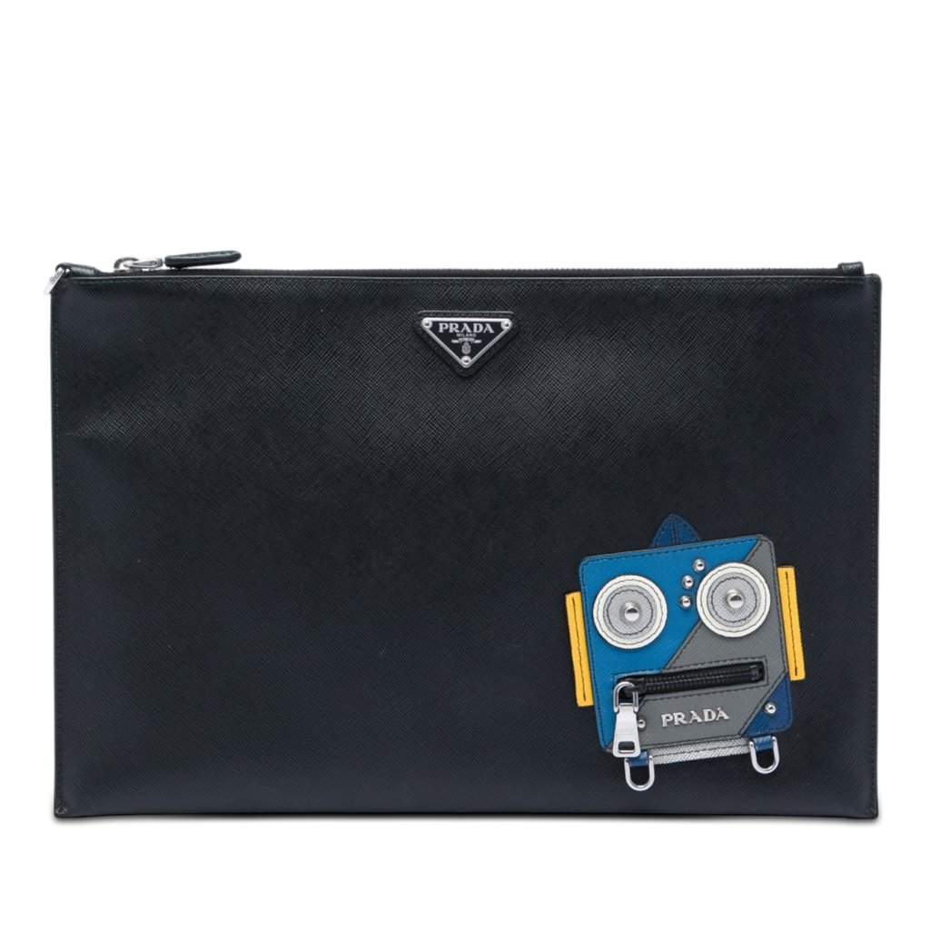 Prada Saffiano Robot Clutch Black Leather Very good condition - Front View
