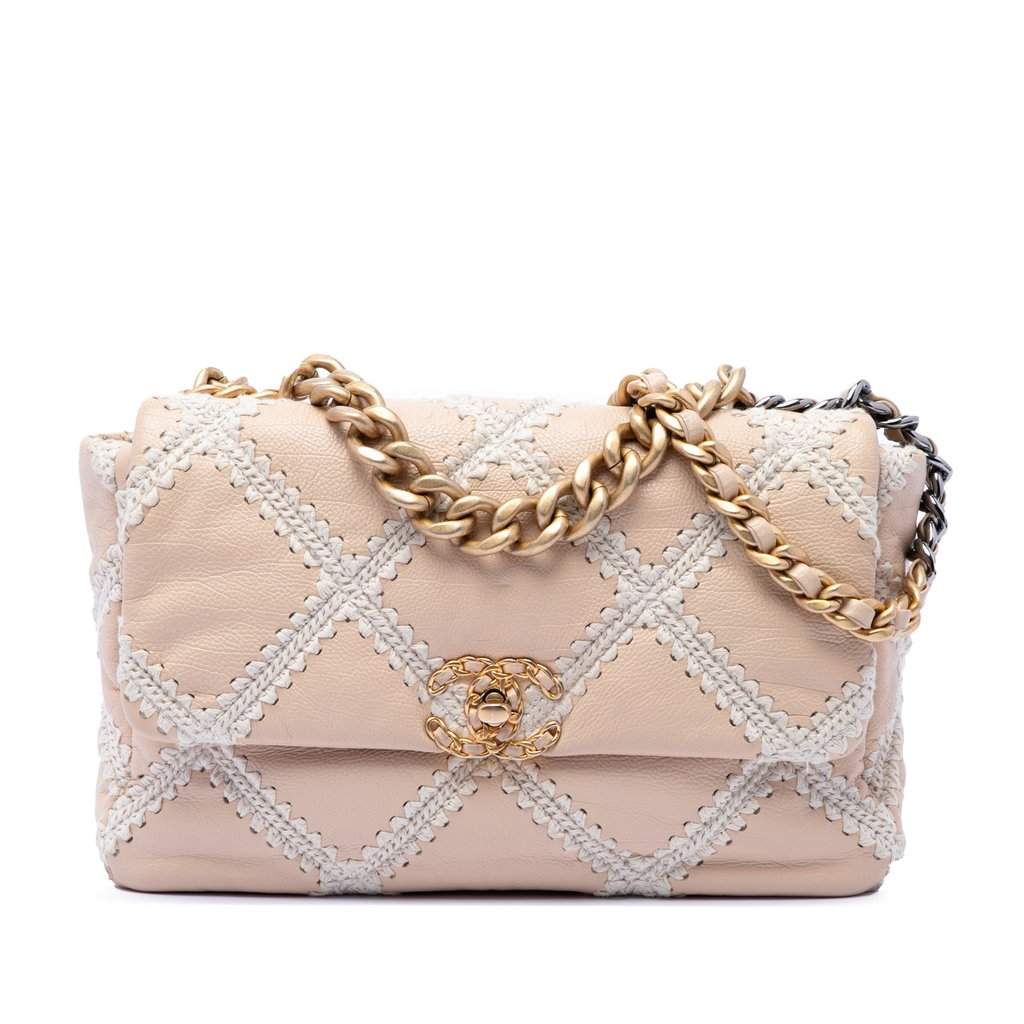 Chanel Large Crochet Calfskin 19 Flap Beige Leather Very good condition - Front View