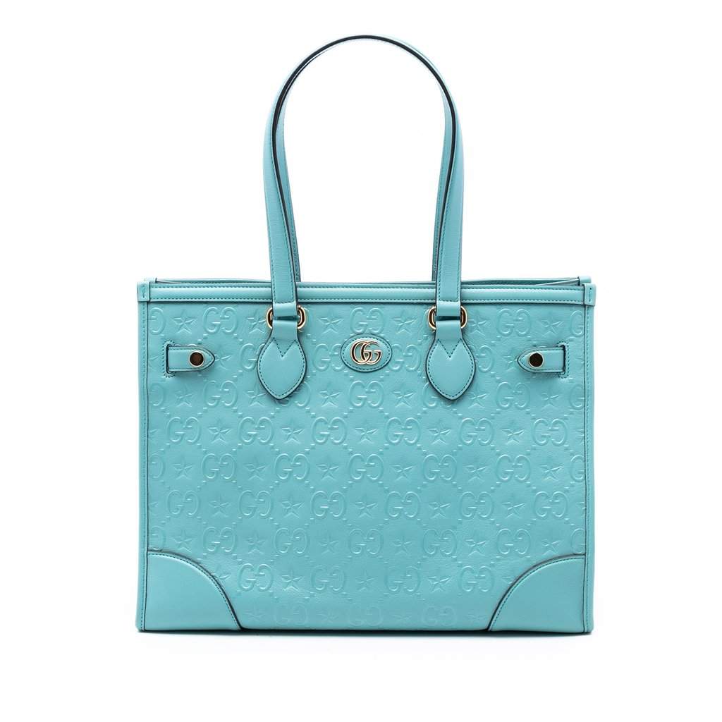 Gucci GG Star Embossed Leather Tote Blue Leather Very good - Front View