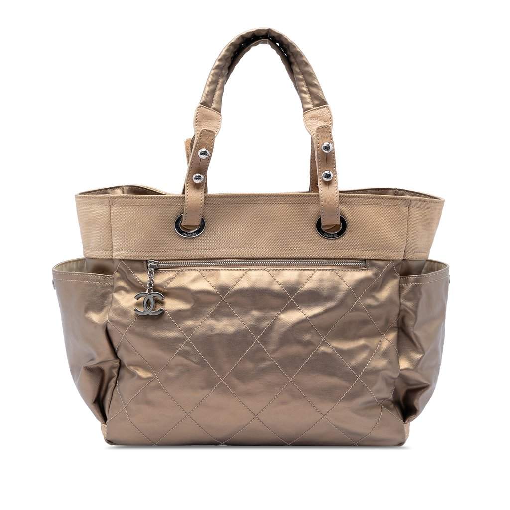 Chanel Large Quilted Coated Canvas Paris Biarritz Tote Gold Very good condition - Front View