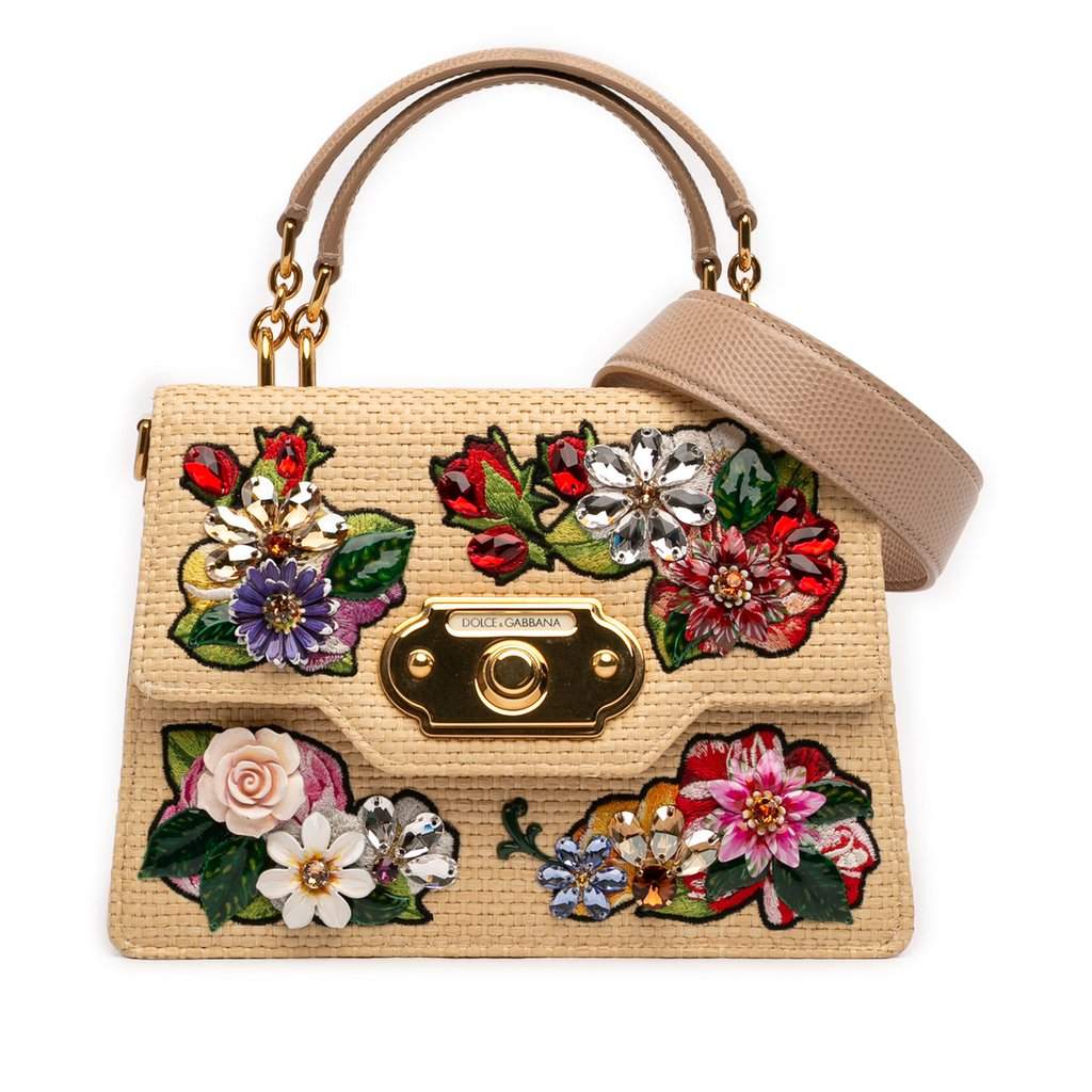 Dolce & Gabbana Floral Embroidered and Crystal Embellished Raffia Welcome Top Handle Bag Beige Very good condition - Front View