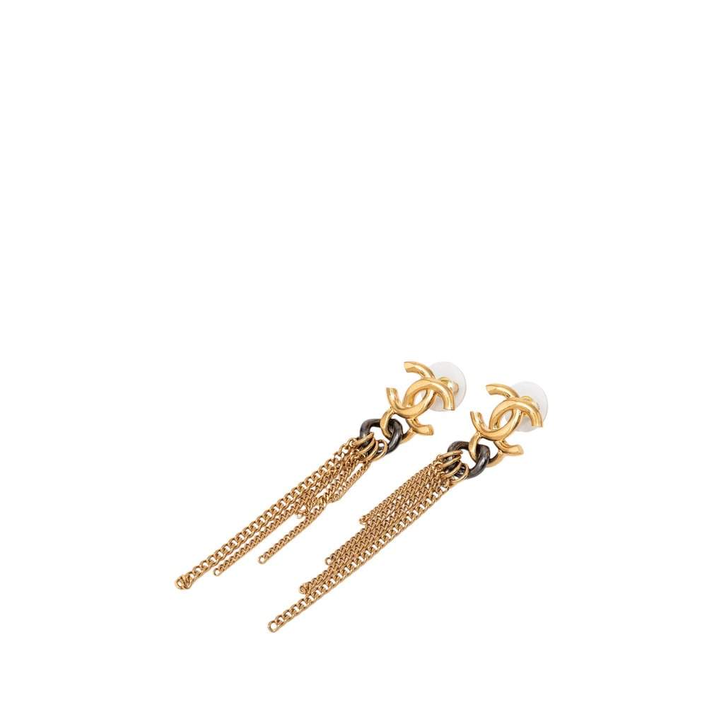 Chanel CC Gold Plated Multi Strand Fringe Drop Push Back Earrings Gold Metal Very good condition - Front View