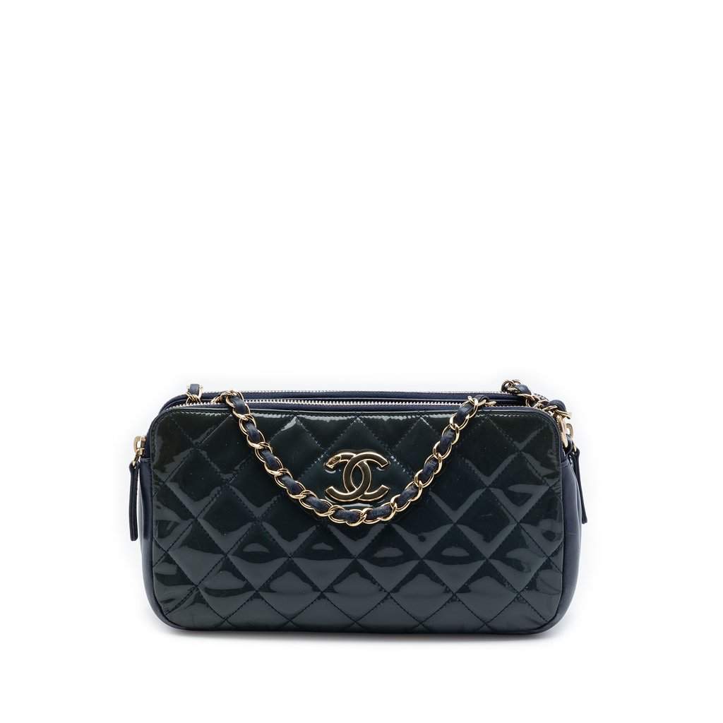 Chanel Quilted Patent CC Crown Double Zip Crossbody Blue Leather Very good condition - Front View