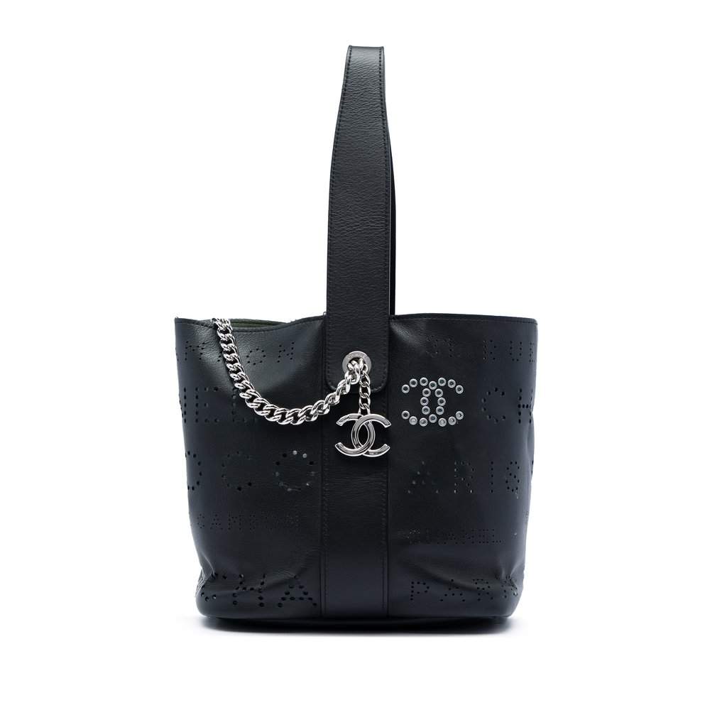 Chanel Small Perforated Calfskin Logo Eyelet Bucket Bag Black Leather Very good condition - Front View
