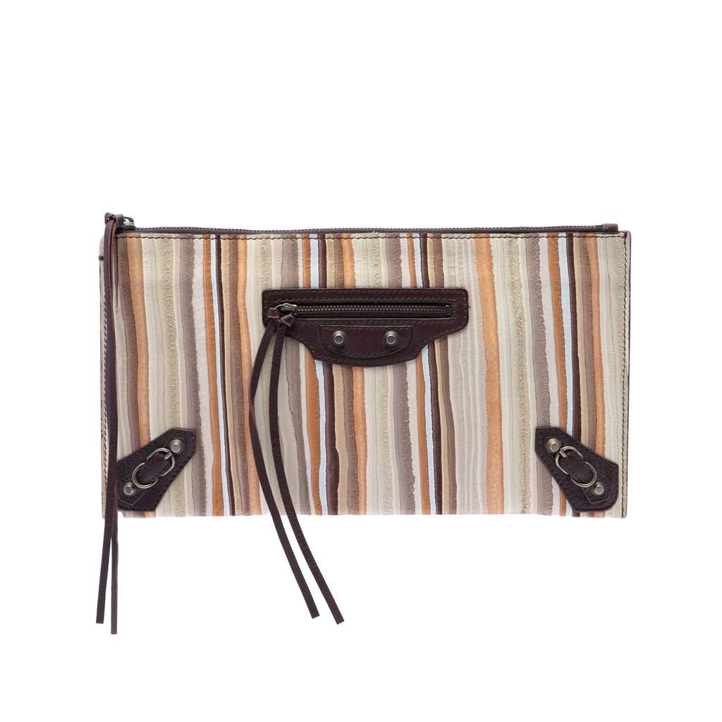 Balenciaga Suede Striped Papier Clutch Beige Leather Very good condition - Front View