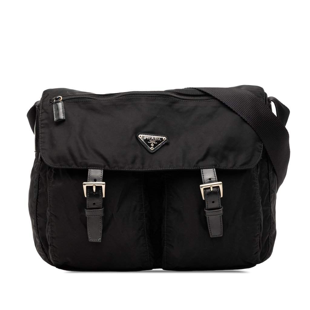 Prada Tessuto Zip Double Buckle Messenger Bag Black Good - Front View