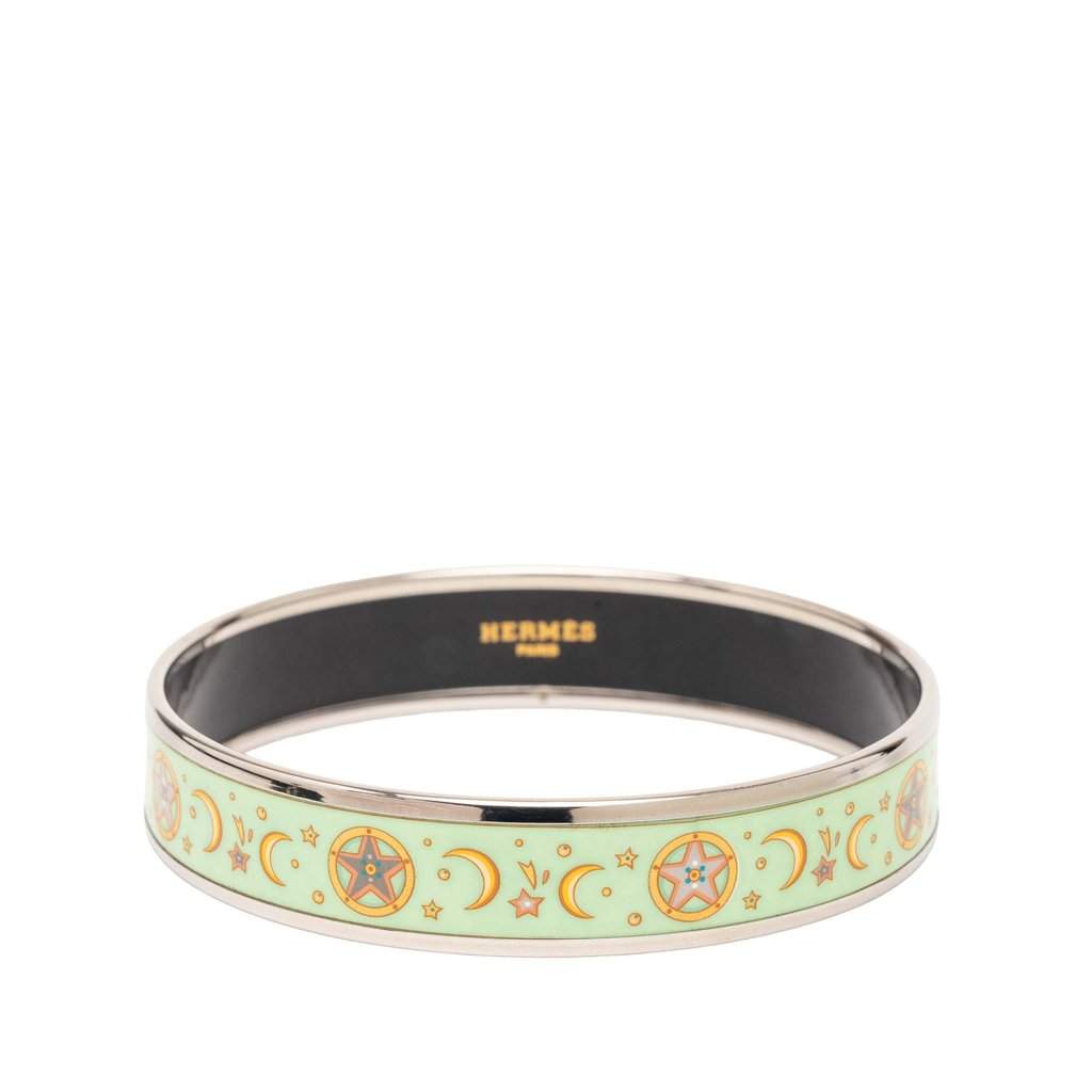 Hermès Narrow Enamel Moon and Stars Bangle 70 Green Very good condition - Front View